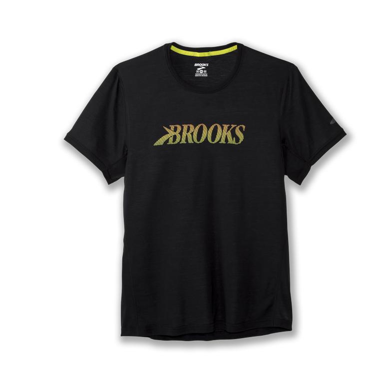 Brooks Men's Distance Graphic Short Sleeve Running Shirt - Black/GreenYellow/Flying B (KJQV34125)